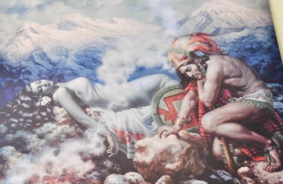 Quadro representando a lenda de criação dos vulcões Popo e Itza, um guerreiro e uma mulher deitada, em exposição no centro de visitantes do parque onde estão esses dois vulcões, perto de Amecameca, na região central do México